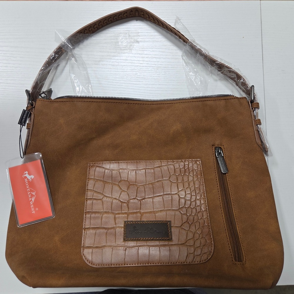 Montana West Brown Croc Embossed Western Hobo Bag - Picture 2 of 4